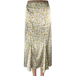 Lulus White Yellow Floral Silk Satin High Waisted Peasant Slip Midi Skirt Size M